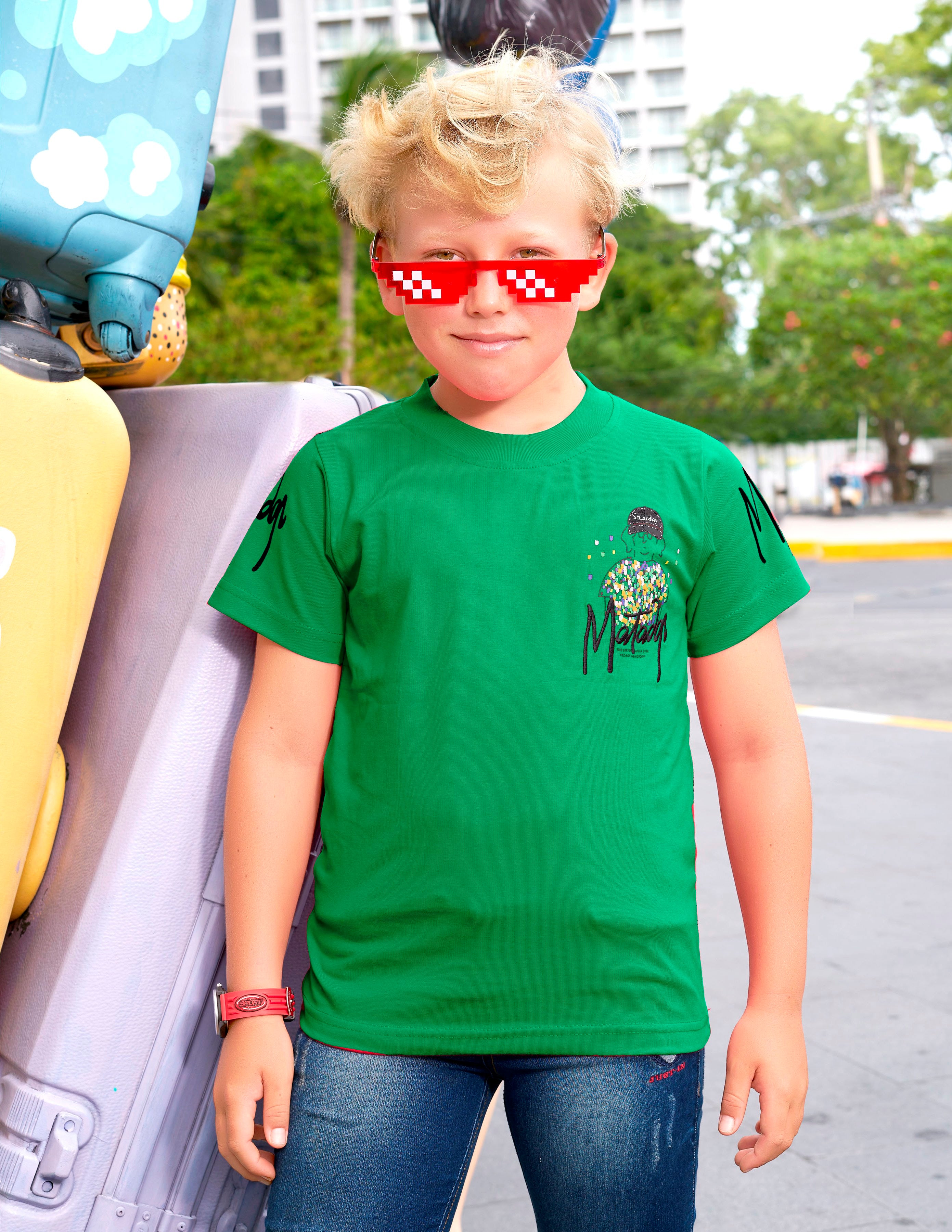 Boys Green Half Sleeve Round Neck Fancy Printed T-Shirt