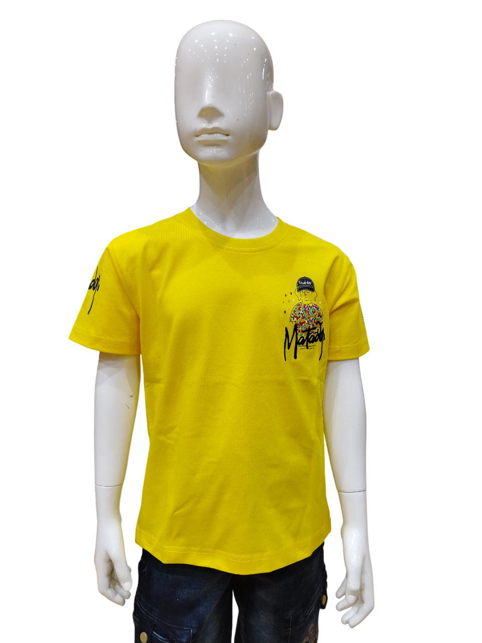 Boys Yellow Half Sleeve Round Neck Fancy Printed T-Shirt