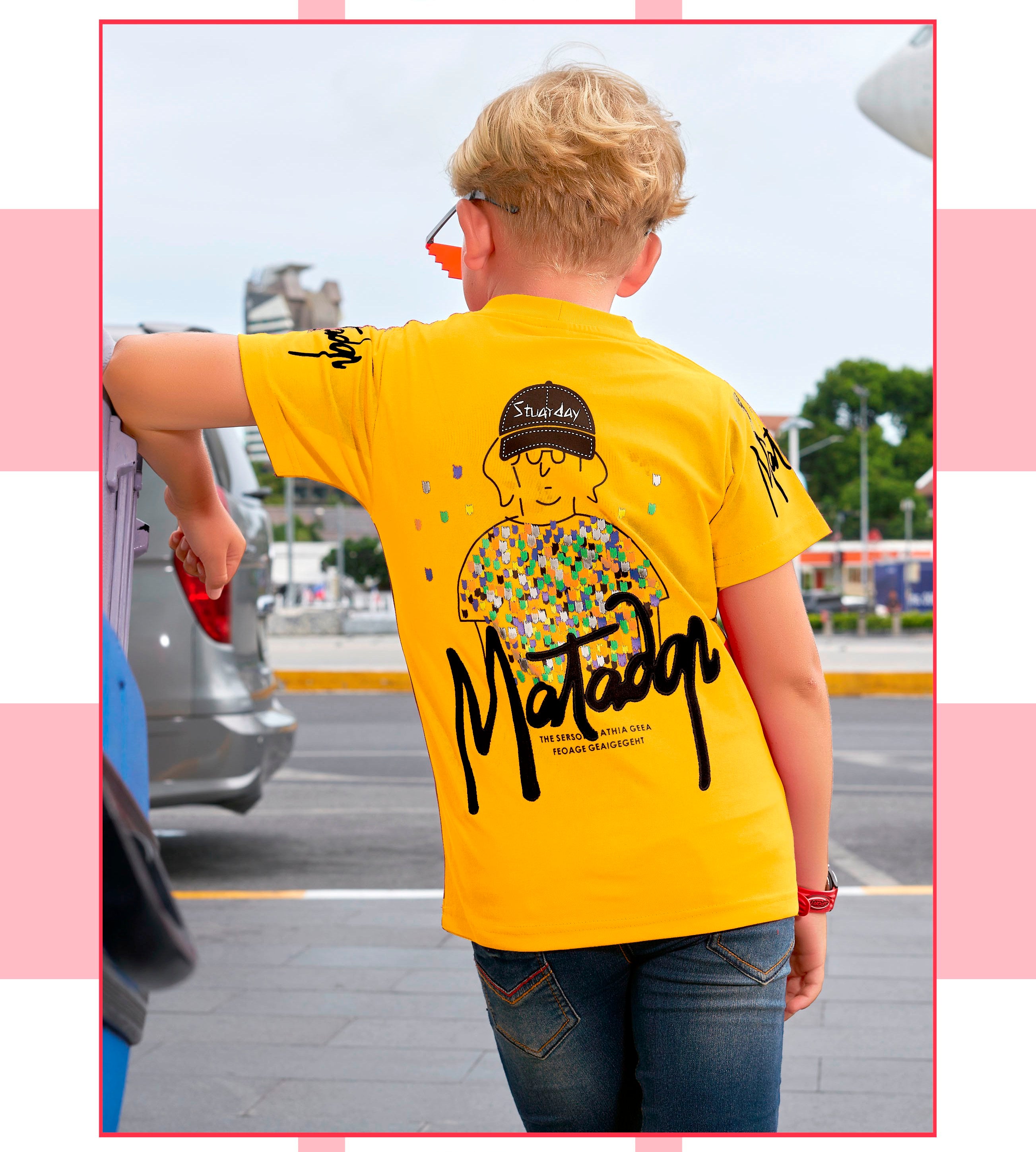 Boys Yellow Half Sleeve Round Neck Fancy Printed T-Shirt