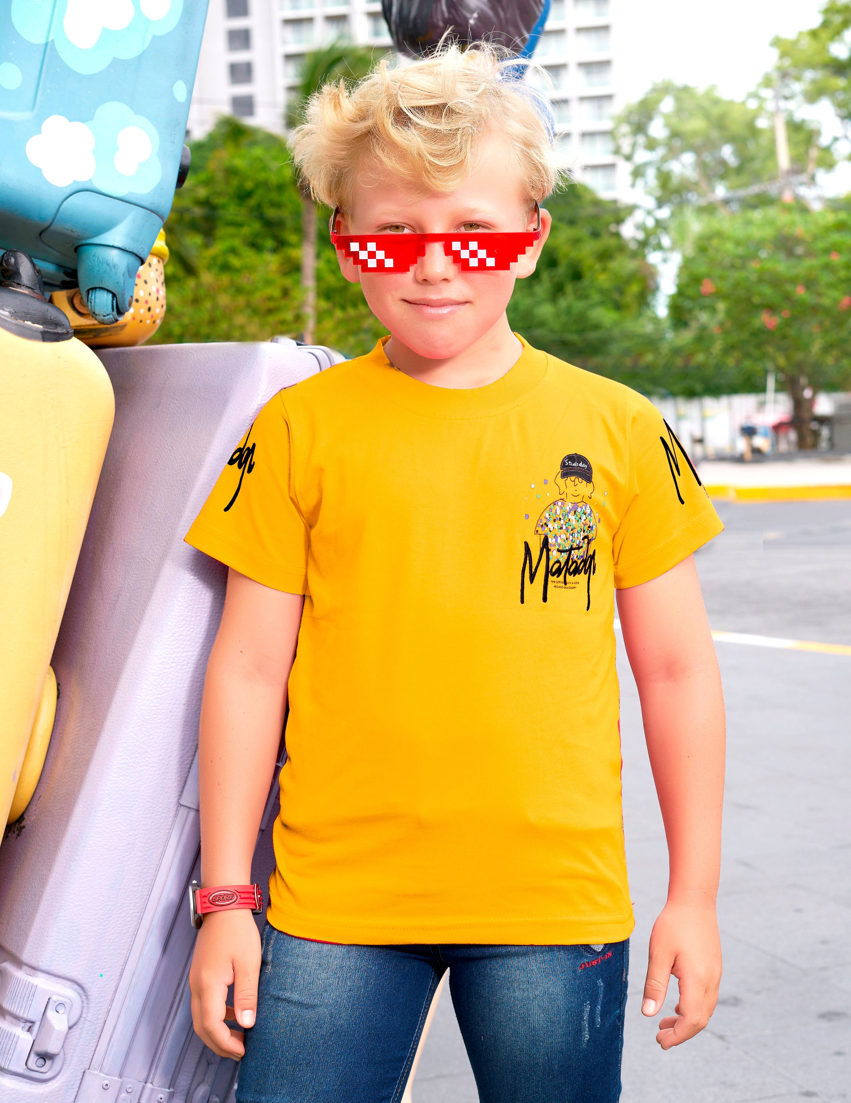 Boys Yellow Half Sleeve Round Neck Fancy Printed T-Shirt