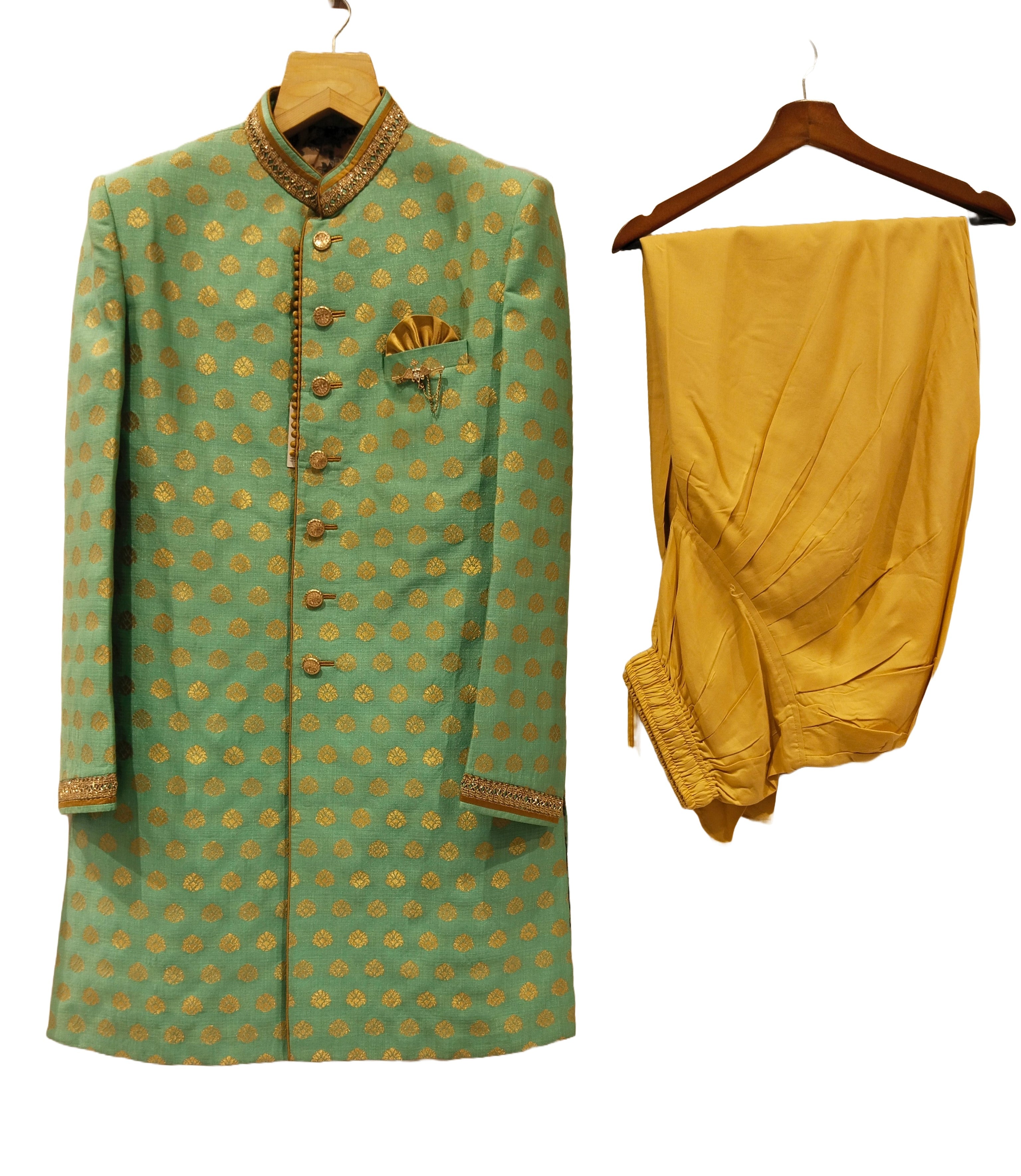 Mens Green Designer Wedding Wear Sherwani Set