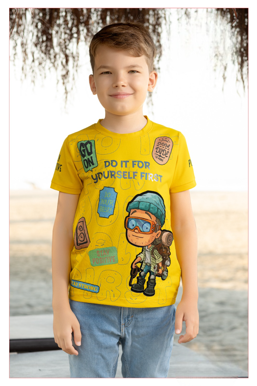 Boys Yellow Round Neck Half Sleeve Fancy Printed T-Shirt