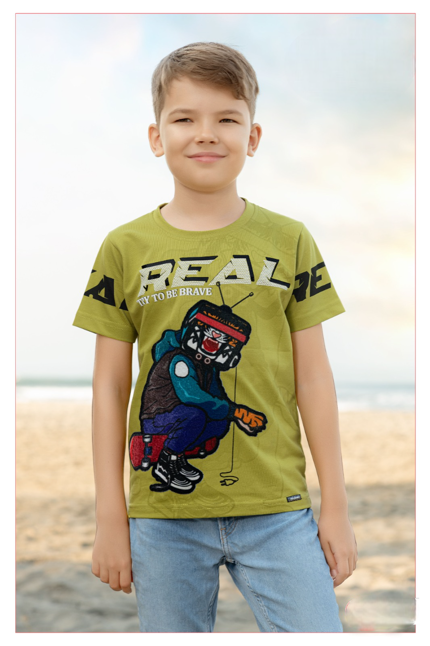 Boys Mustard Round Neck Half Sleeve Fancy Printed T-Shirt