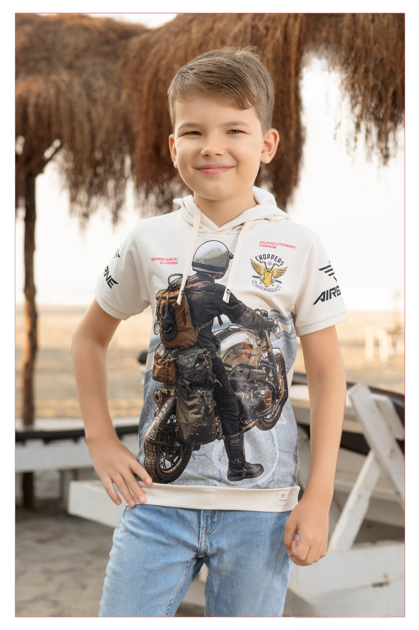 Boys Beige Hoodie Half Sleeve Fancy Printed T-Shirt
