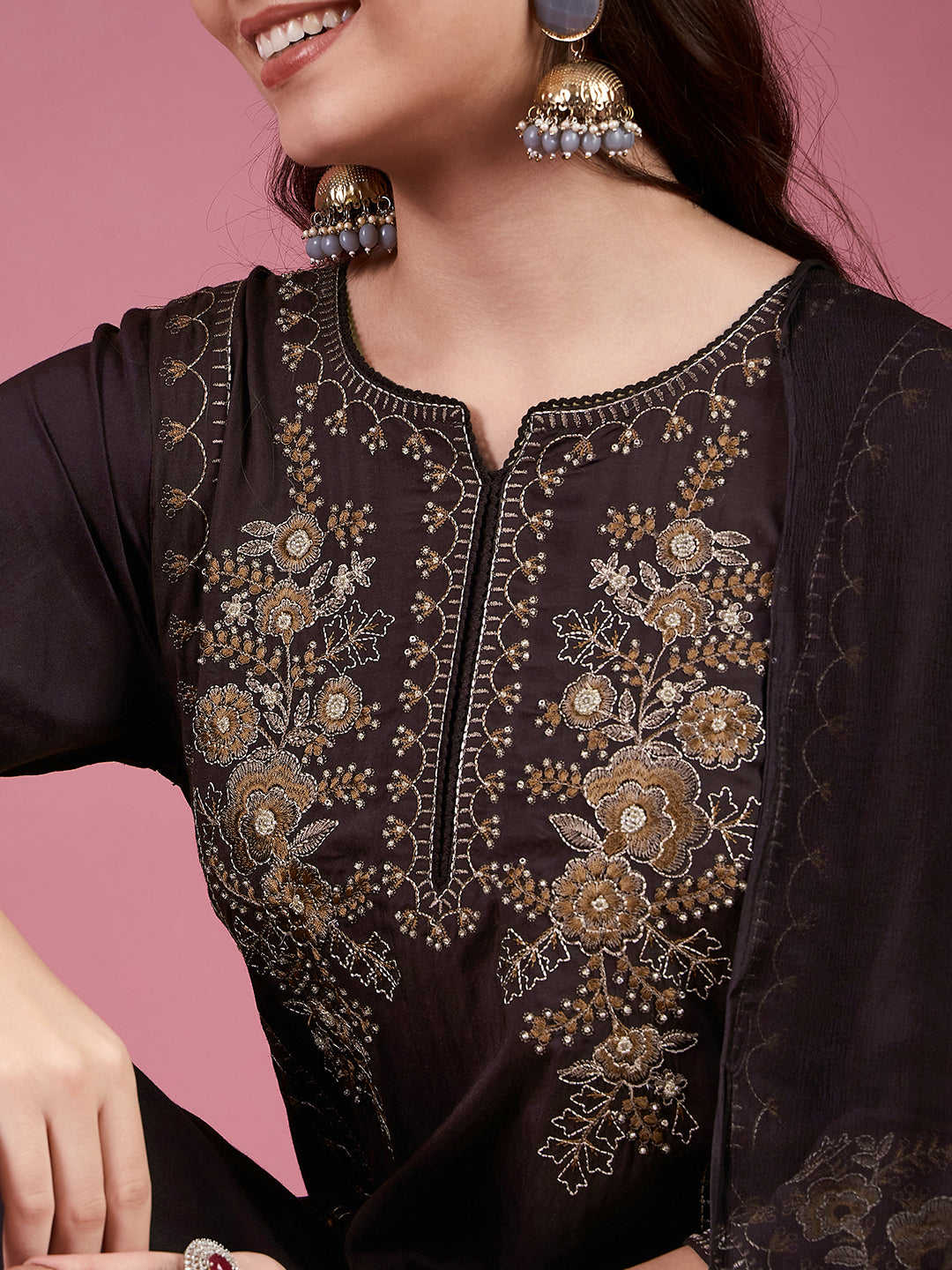 Women's Coffee Fancy Kurti Suit With Dupatta