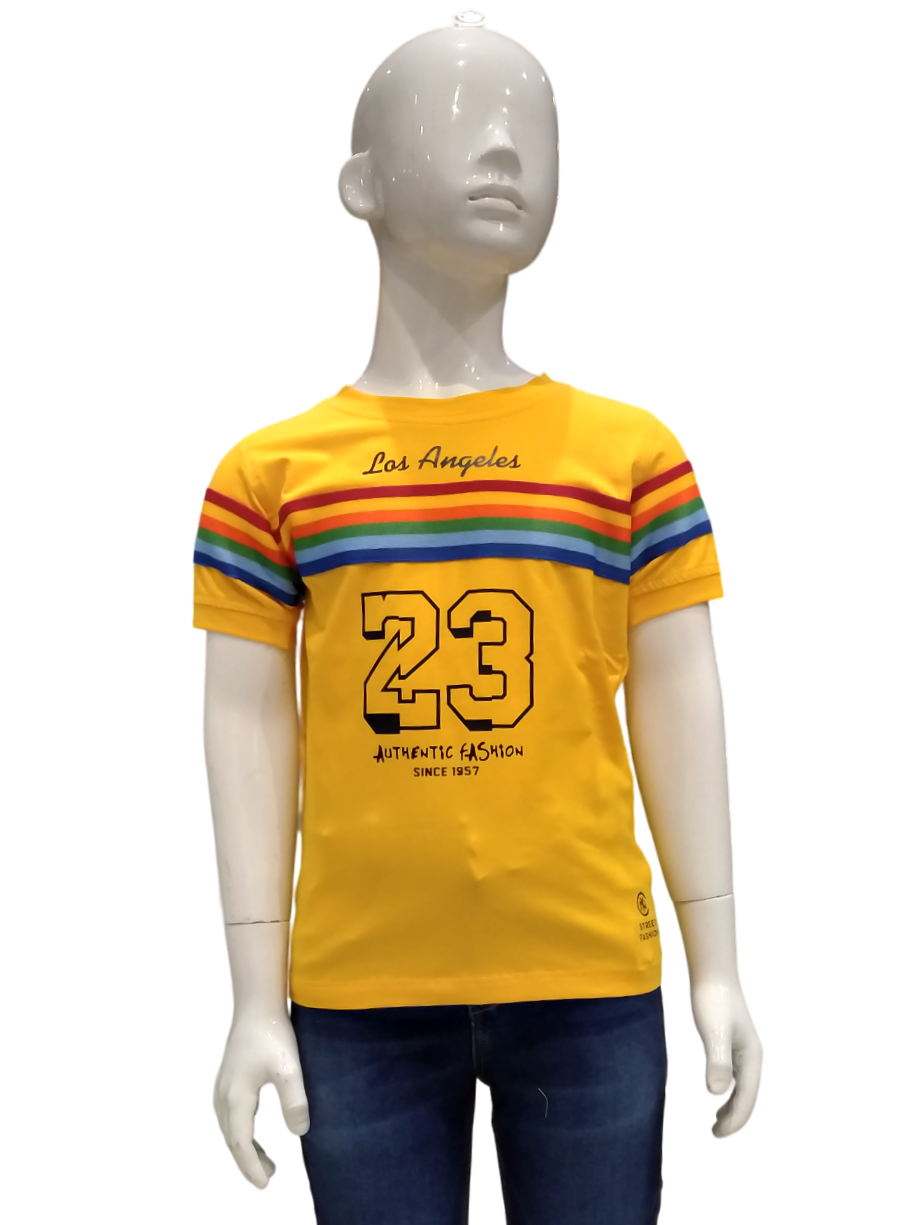 Boys Gold Striped Print Half Sleeve Fancy T-Shirt