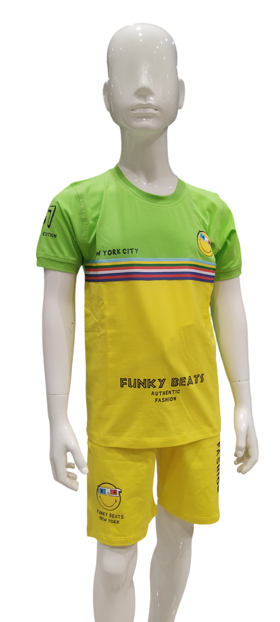 Boys Green Yellow Round Neck Half Sleeve & Shorts Co-Ord Set