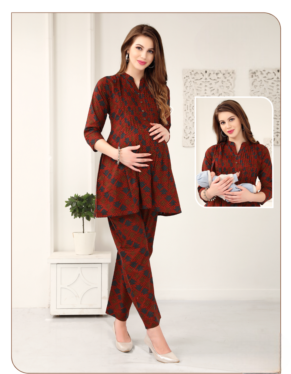 Women's Red Printed Maternity And Feeding Co-Ordinates Set