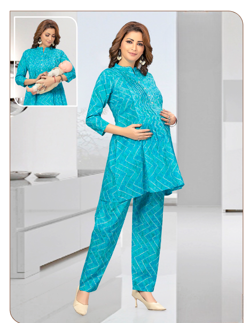 Women's Firozi Printed Maternity And Feeding Co-Ordinates Set