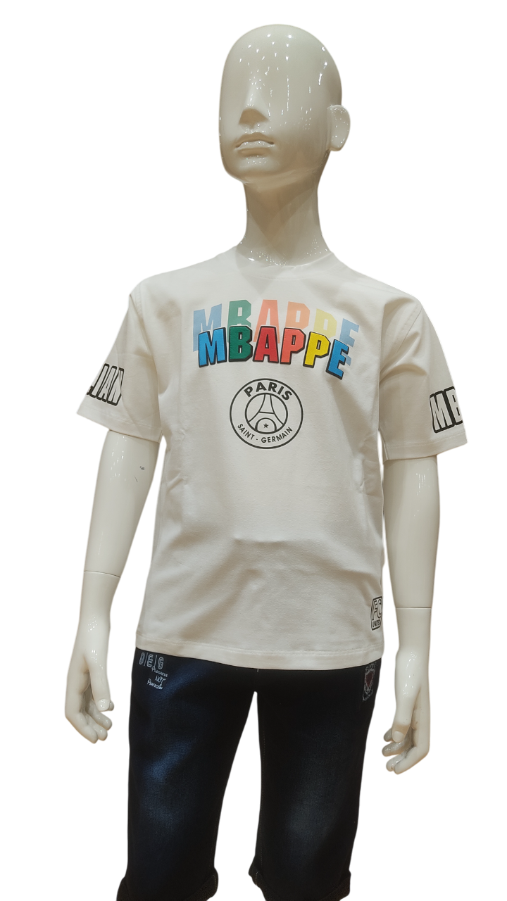 Boys White Half Sleeve Round Neck Fancy T-Shirt