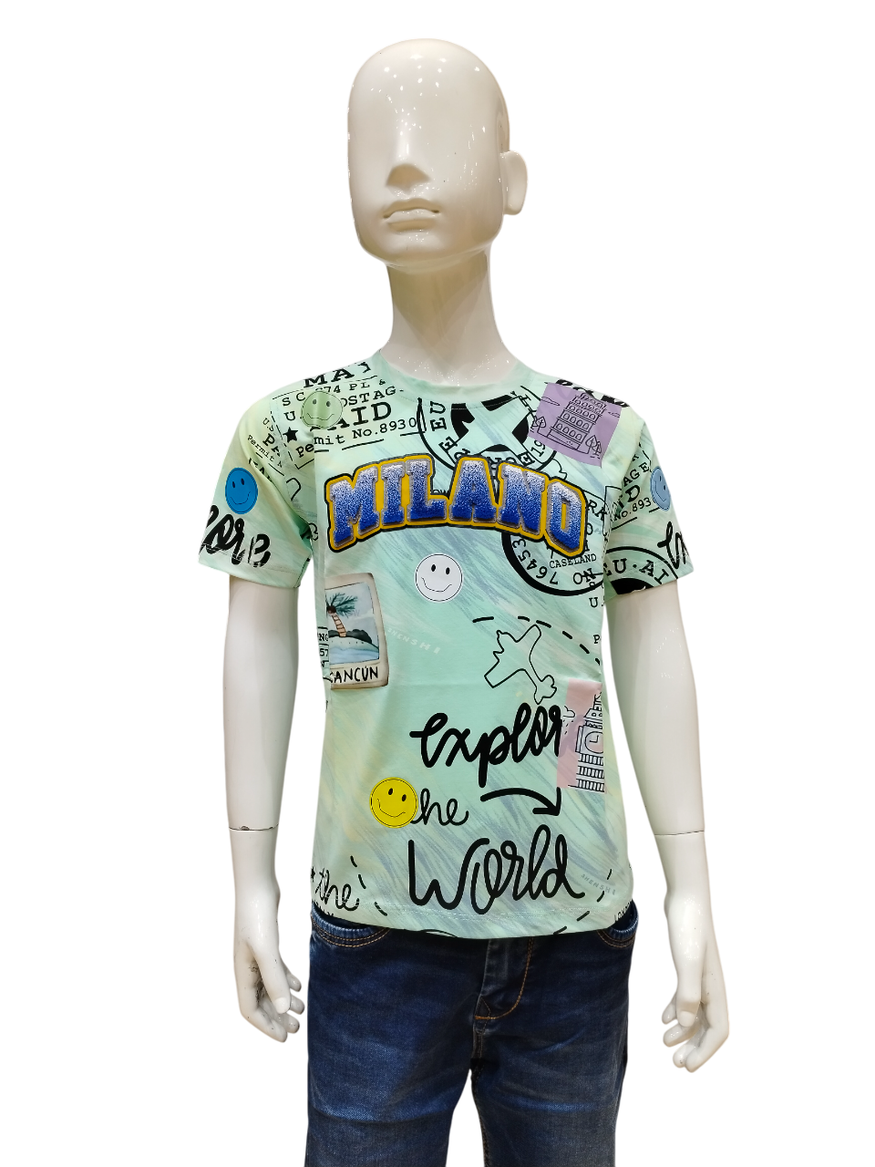 Boys Green Half Sleeve Printed Fancy T-Shirt