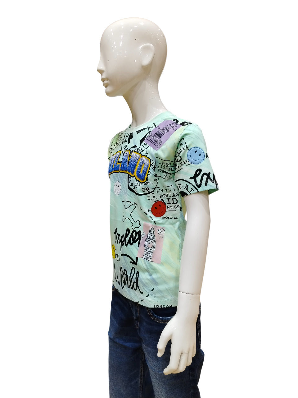 Boys Green Half Sleeve Printed Fancy T-Shirt