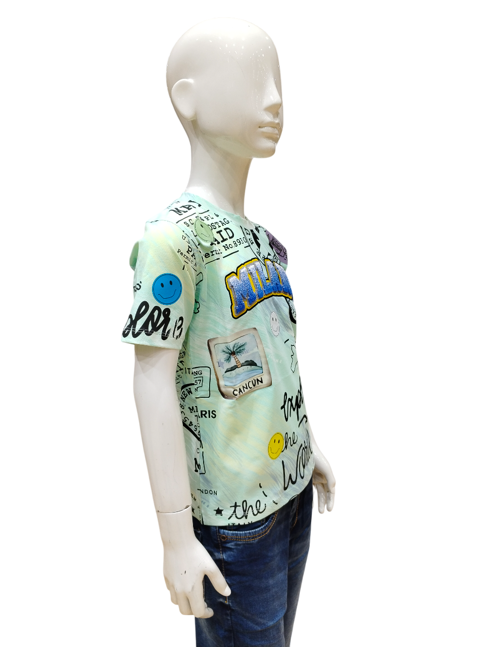 Boys Green Half Sleeve Printed Fancy T-Shirt