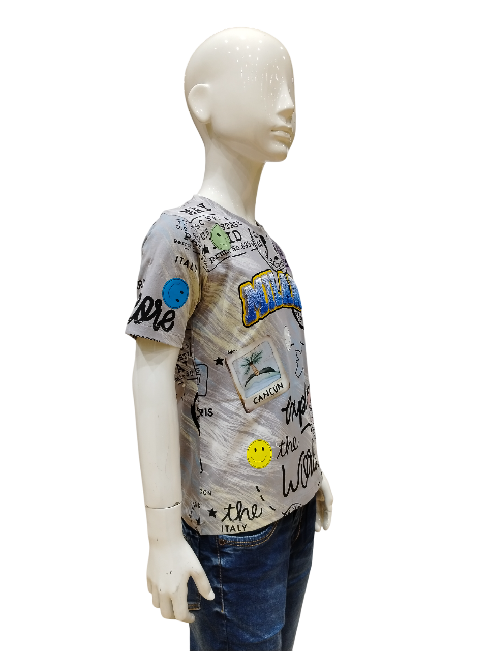 Boys Grey Half Sleeve Printed Fancy T-Shirt