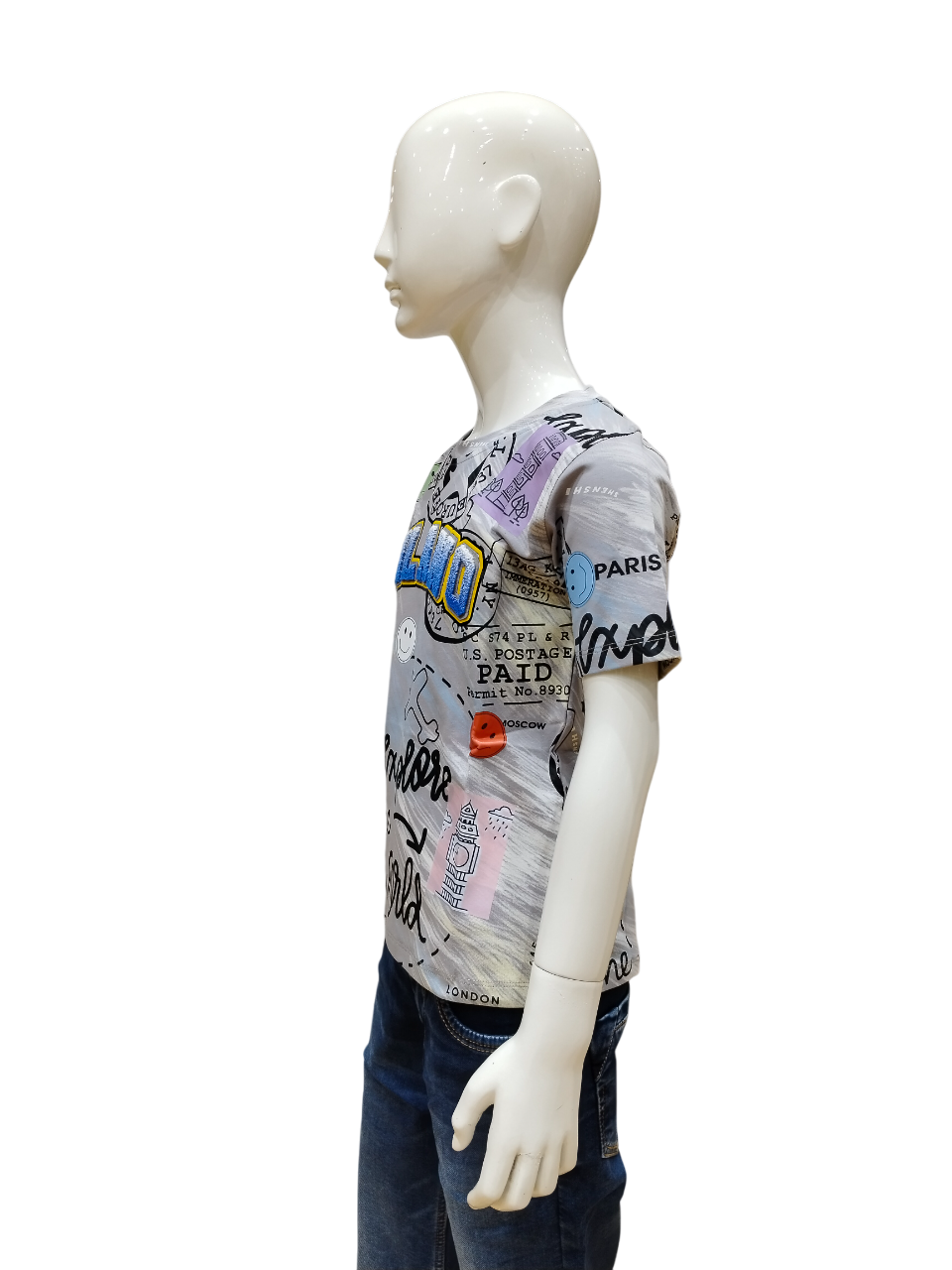 Boys Grey Half Sleeve Printed Fancy T-Shirt