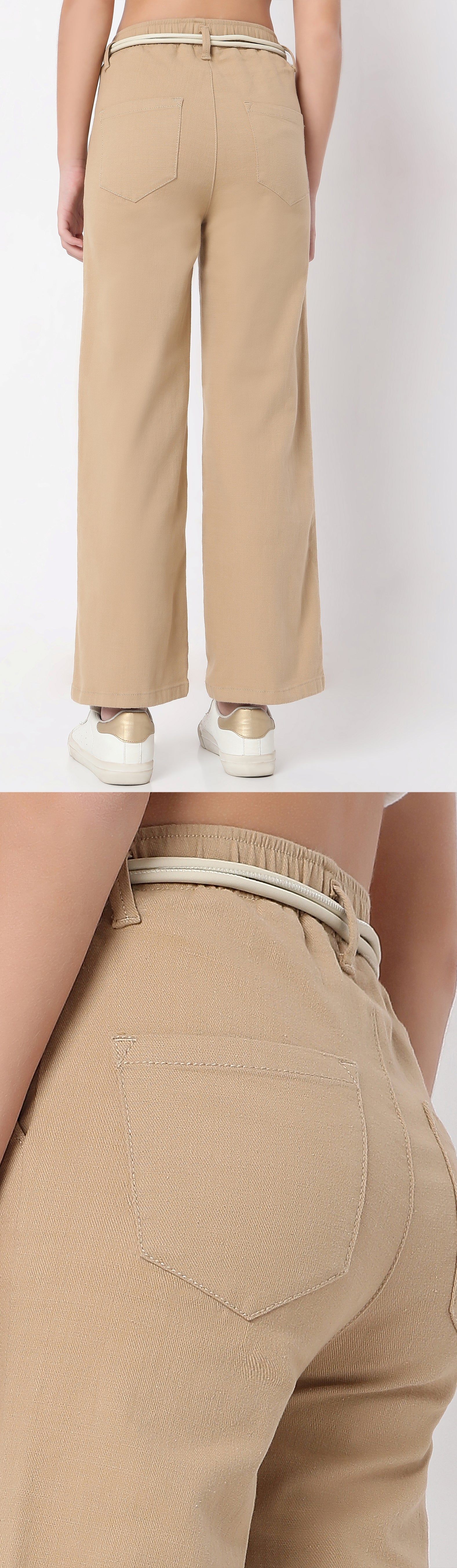 Girls Beige Fancy Cotton Pant