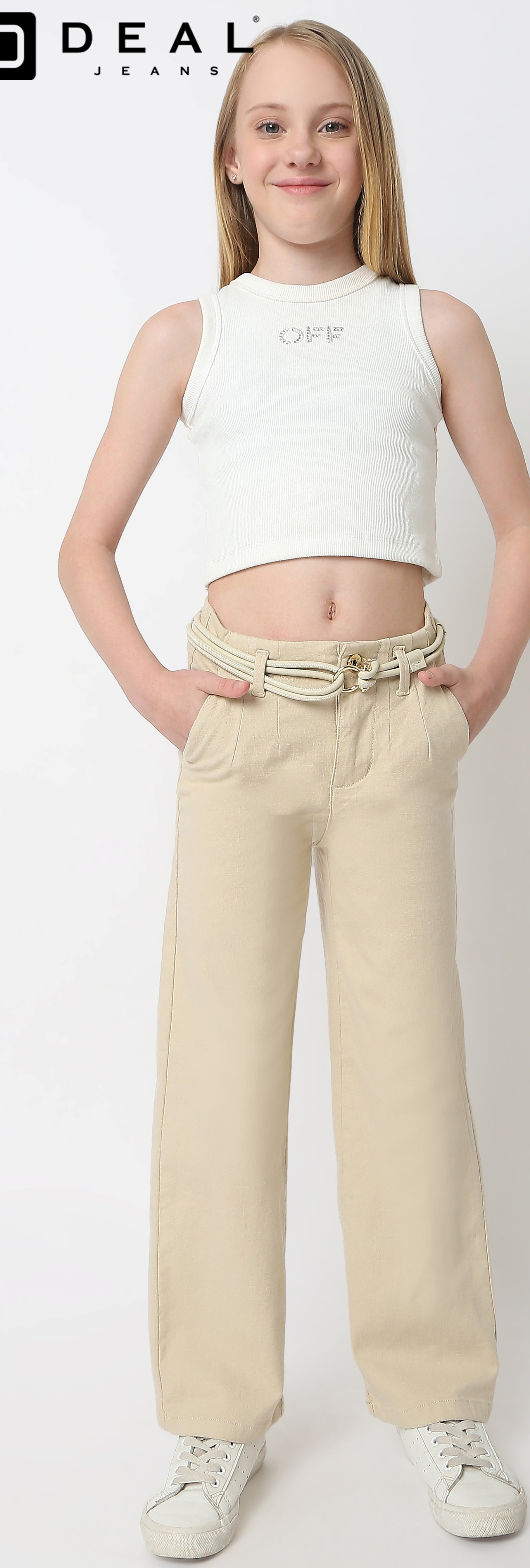 Girls Cream Fancy Cotton Pant