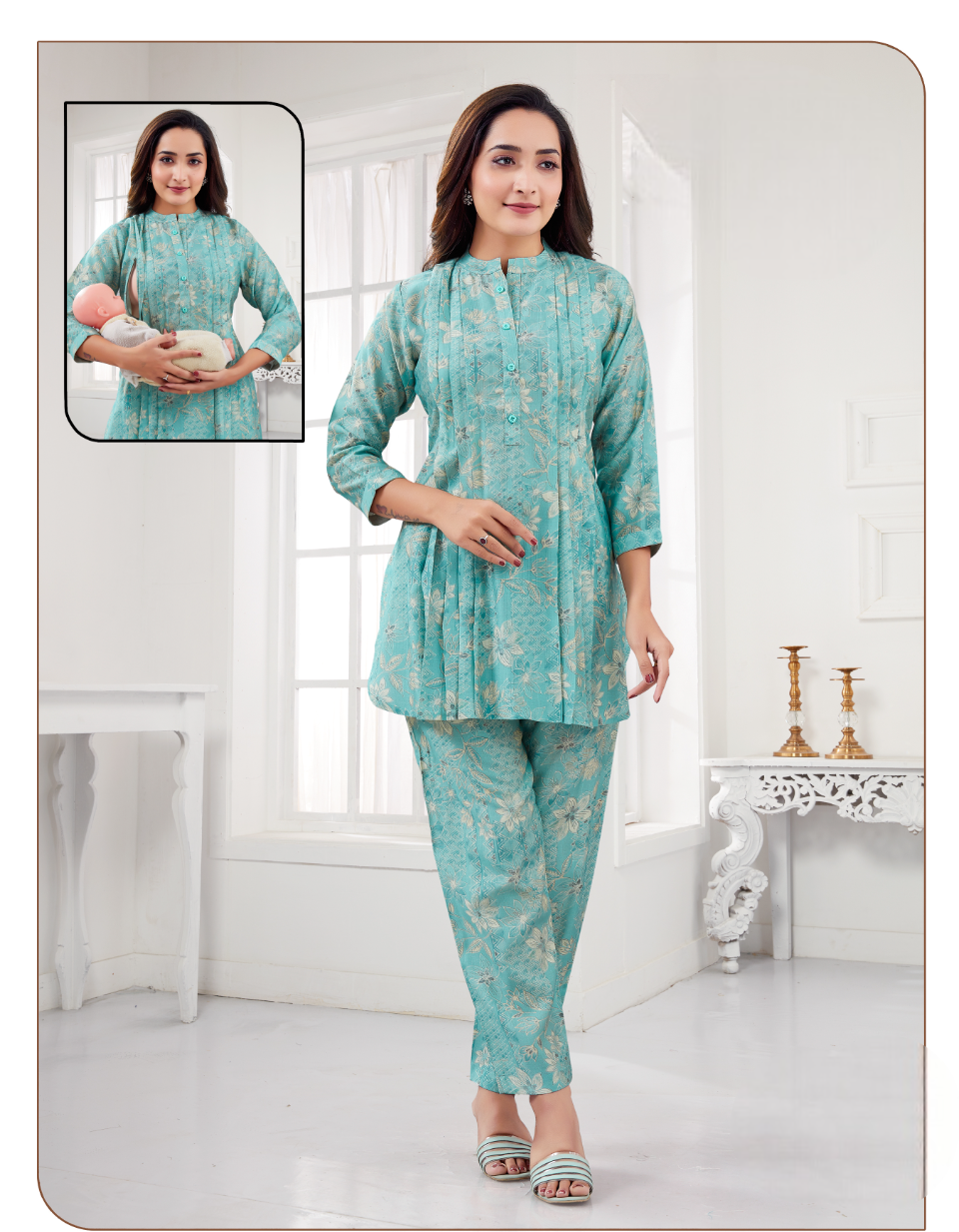 Women's Blue Printed Maternity And Feeding Co-Ordinates Set