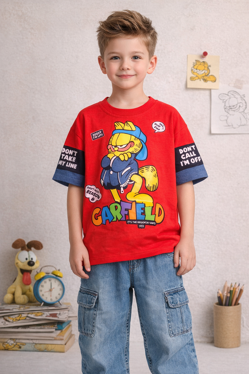 Fancy Garfield Boys Cotton Red Color Garfield Design Fancy Oversize T-shirt – Half Ticket