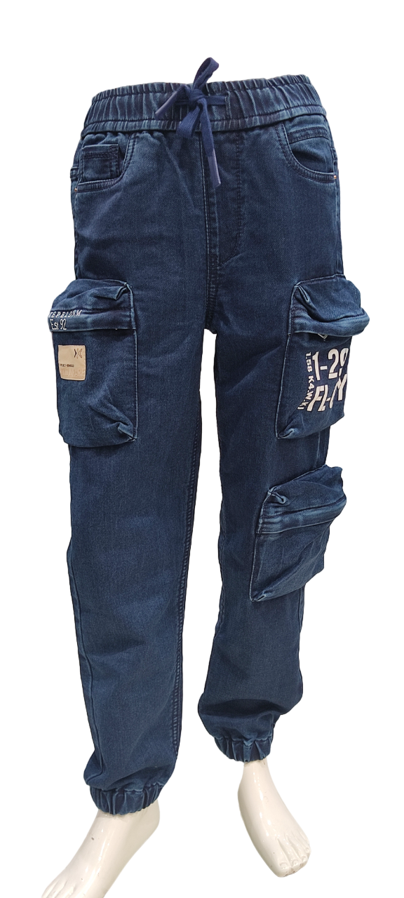 Boys Dark Blue Elastic Waist Stylish 7 Pocket Denim Joggers Cargo Pant