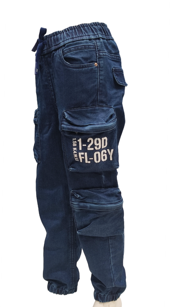 Boys Dark Blue Elastic Waist Stylish 7 Pocket Denim Joggers Cargo Pant