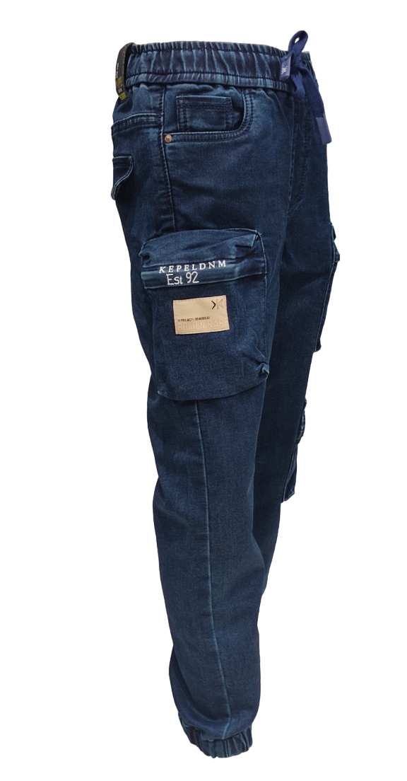 Boys Dark Blue Elastic Waist Stylish 7 Pocket Denim Joggers Cargo Pant