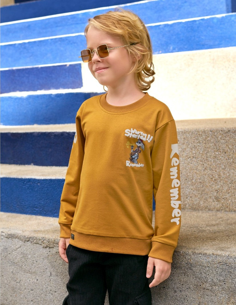 Boys Mustard Full Sleeve Fancy Printed T-Shirt