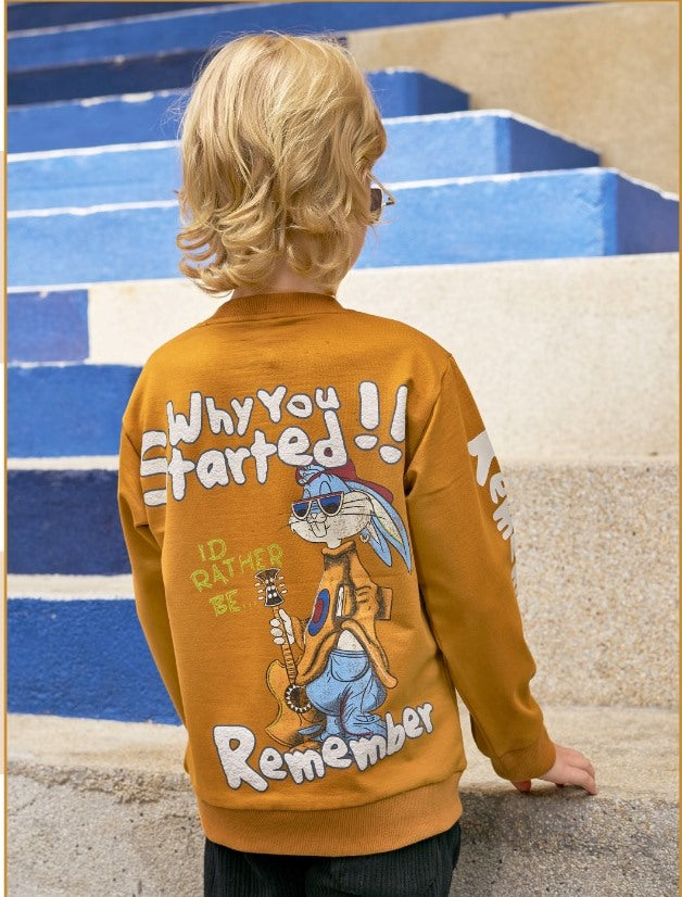 Boys Mustard Full Sleeve Fancy Printed T-Shirt