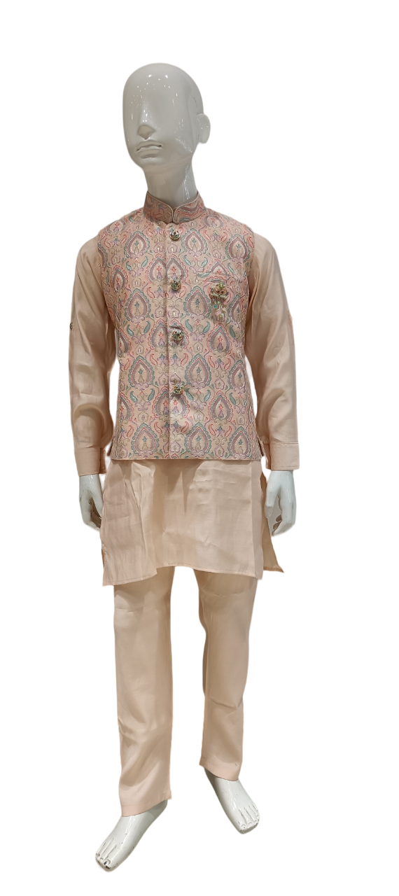 Boys Peach Designer Full Sleeve Traditional Kurta Suit With Jacket