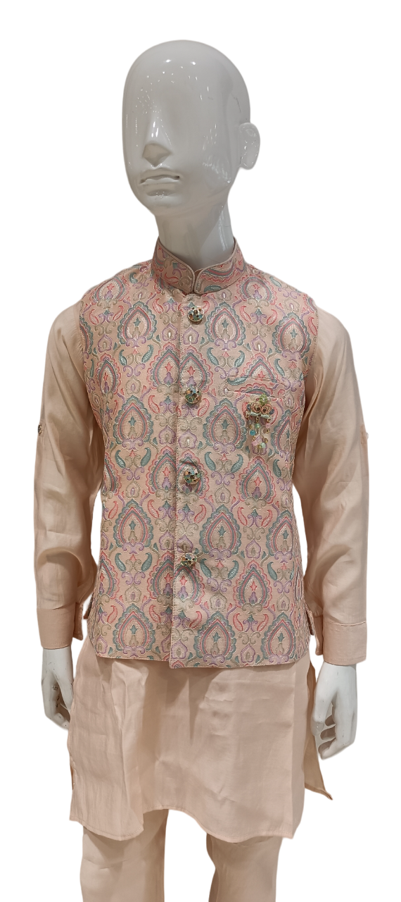 Boys Peach Designer Full Sleeve Traditional Kurta Suit With Jacket