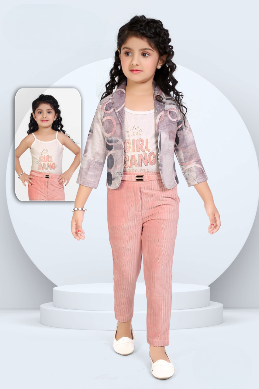 Girls Peach Fancy Full Pant Suit