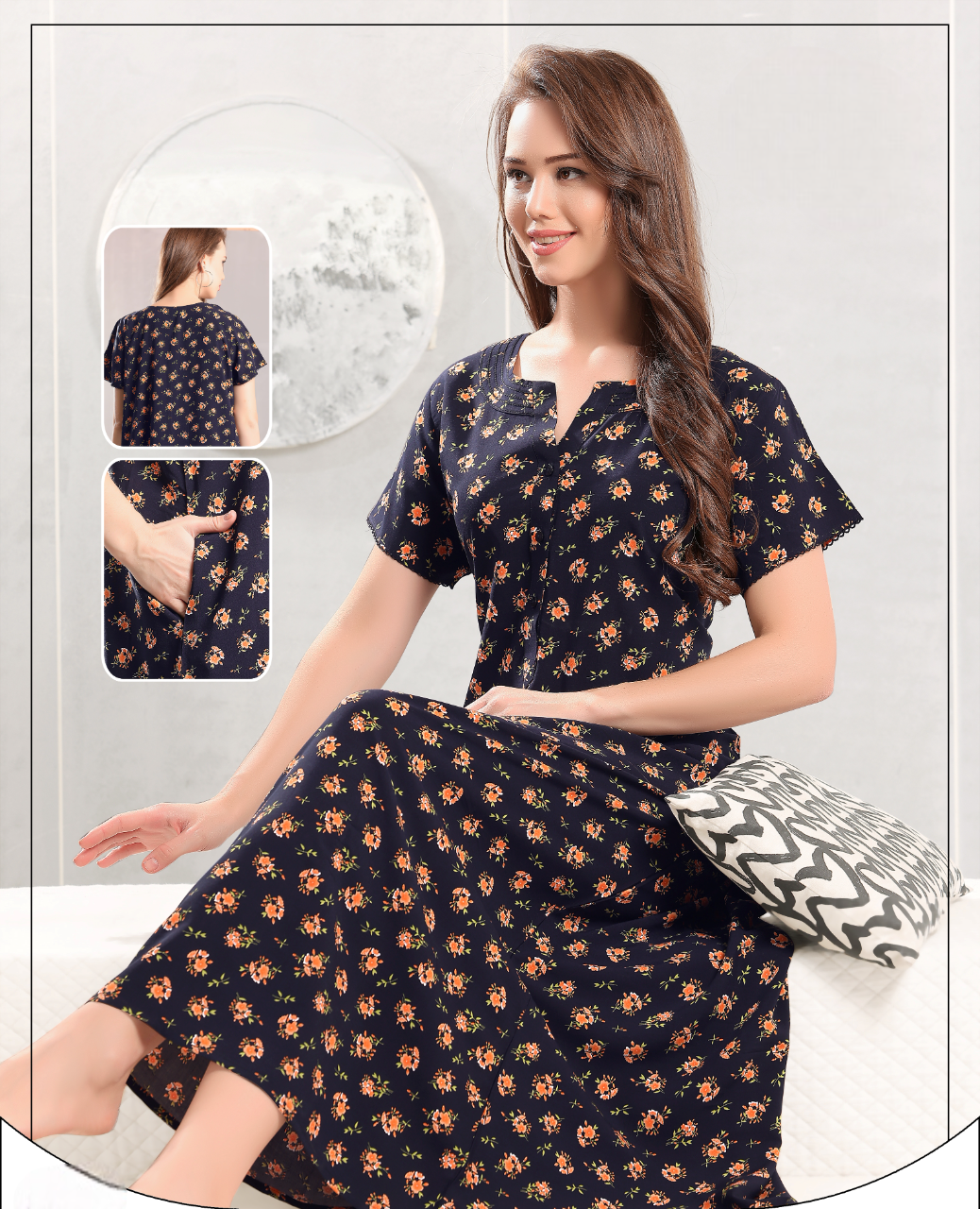 Women's Navy Blue Floral Printed Night Wear Gown With Pocket