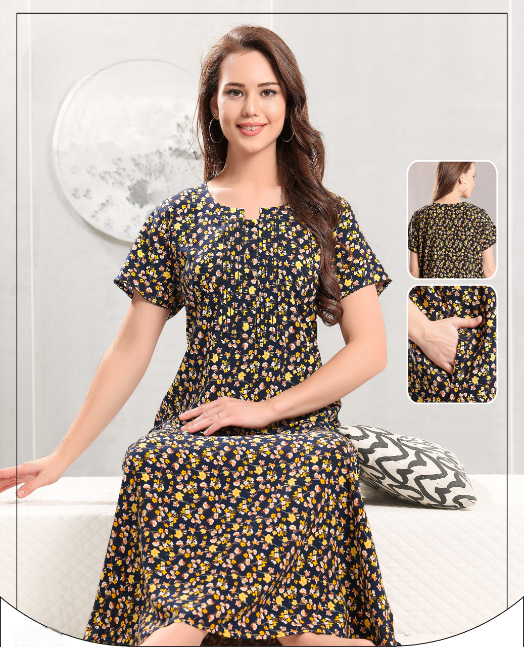 Women's Blue Floral Printed Night Wear Gown With Pocket