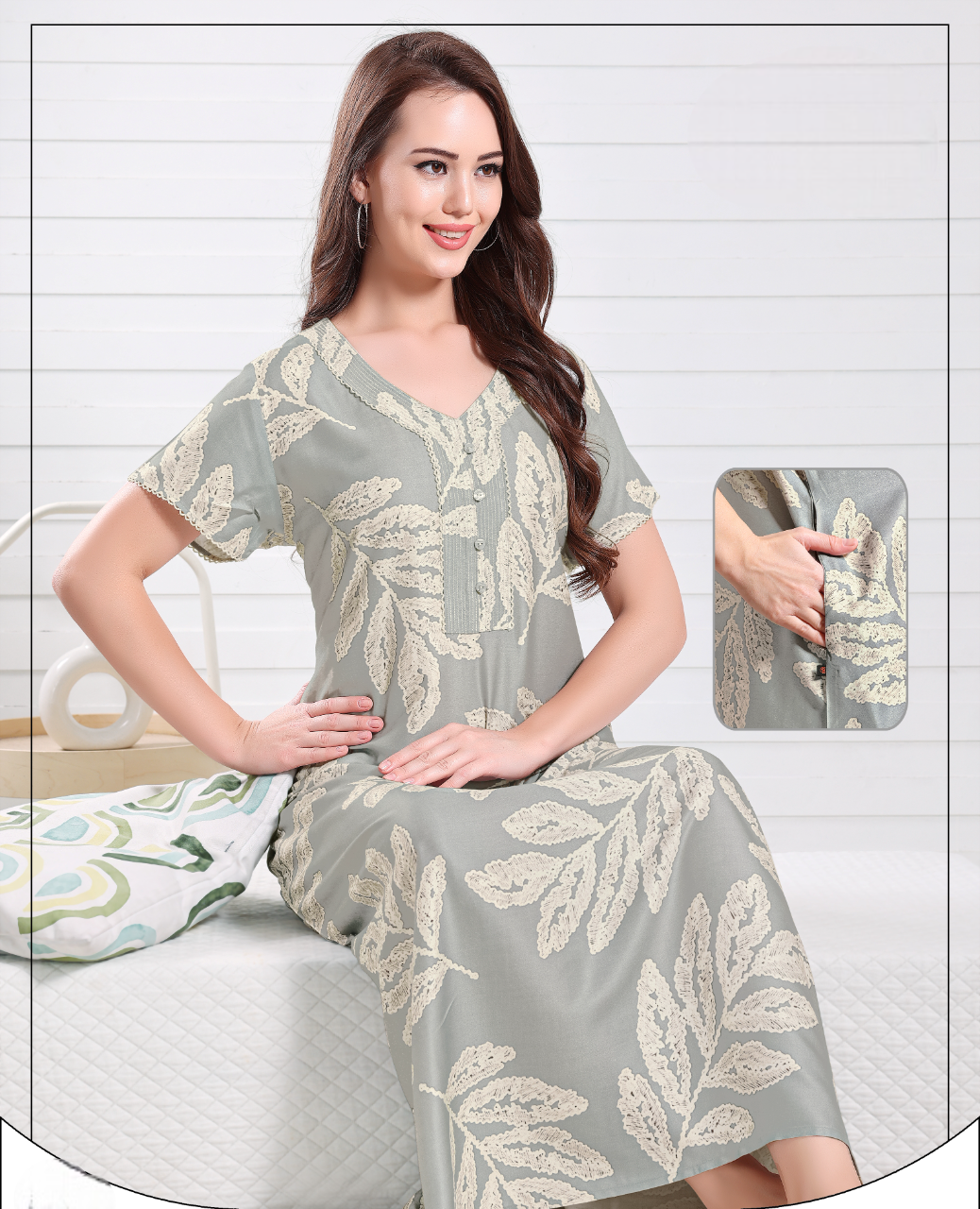 Women's Grey Printed Night Wear Gown With Pocket