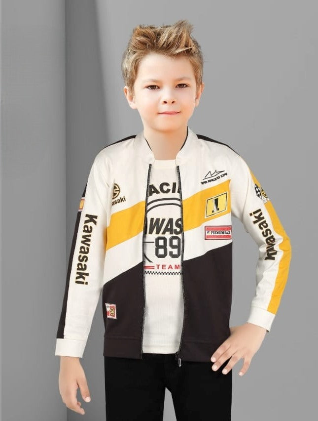 Boys Lemon Printed Full Sleeve Jacket With White Printed T-Shirt