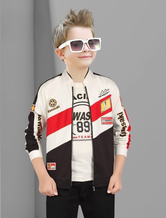 Boys Red Printed Full Sleeve Jacket With White Printed T-Shirt