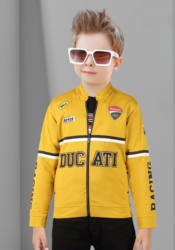 Boys Gold Printed Full Sleeve Jacket With Black Printed T-Shirt