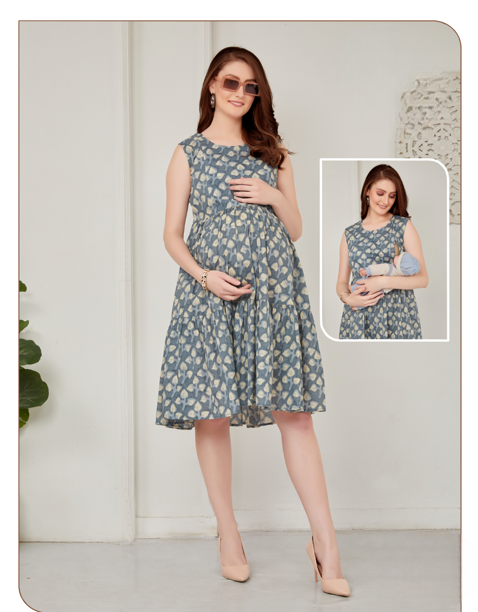Women's Grey Printed Maternity And Feeding Midi