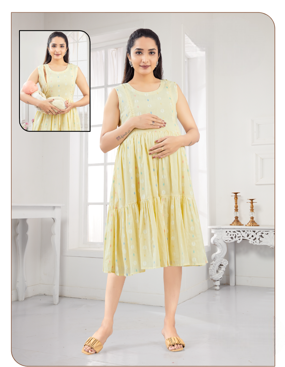 Women's Yellow Printed Maternity And Feeding Midi