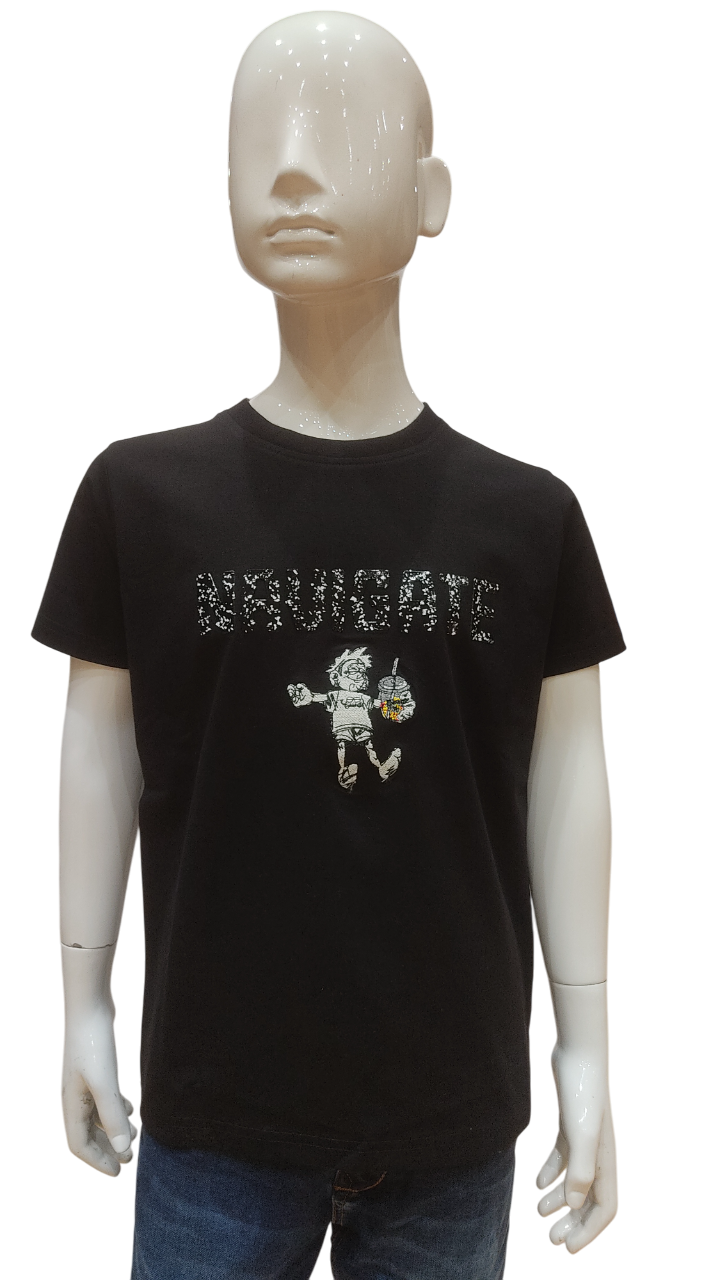 Boys Black Half Sleeve Printed Fancy T-Shirt