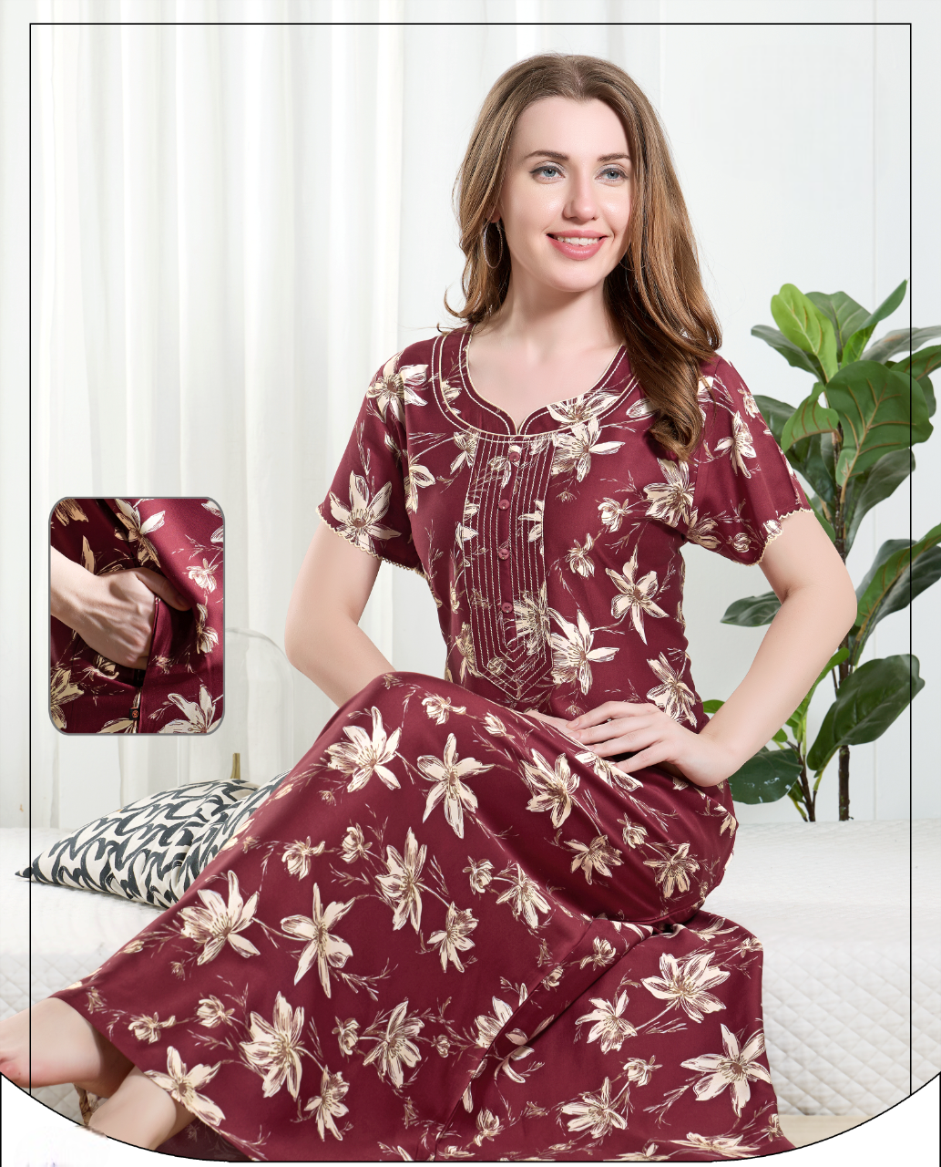 Women's Maroon Floral Printed Night Wear Gown With Pocket