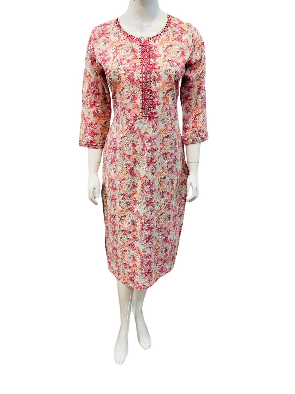 Women Pink Round Neck Floral Print Party Wear Kurti