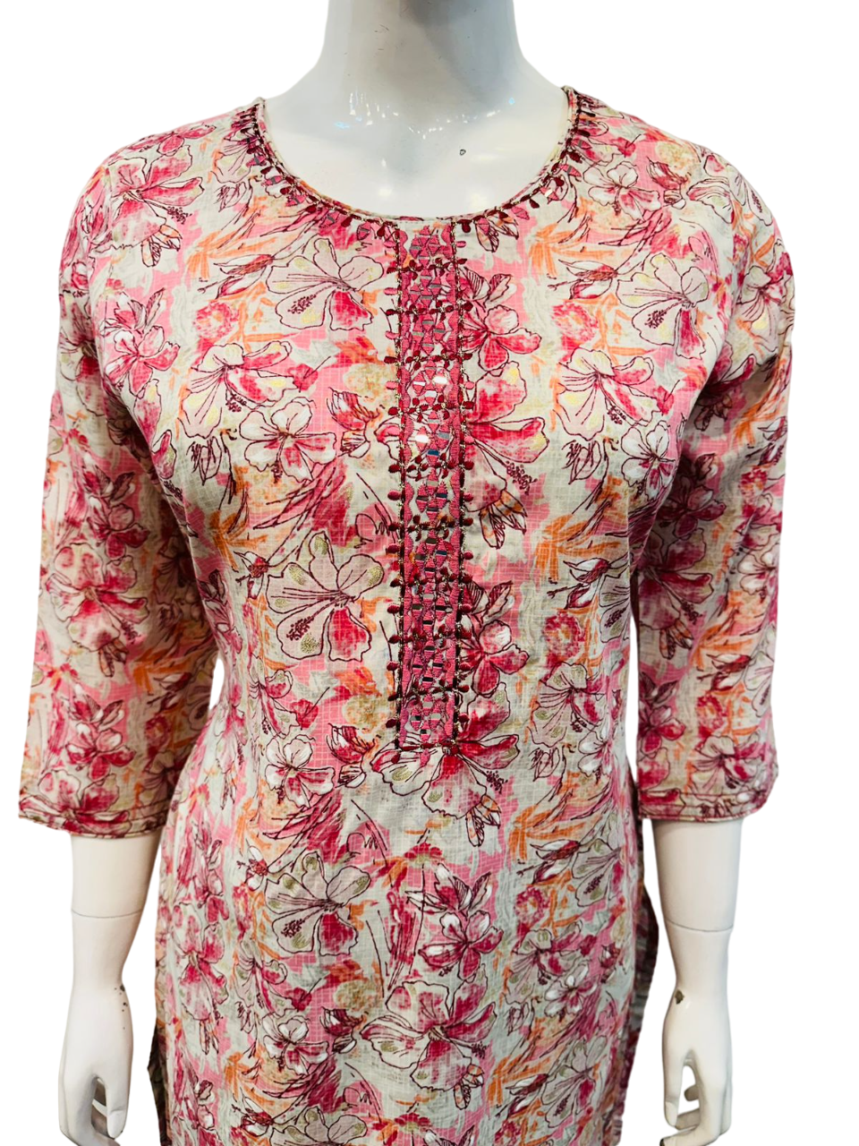 Women Pink Round Neck Floral Print Party Wear Kurti