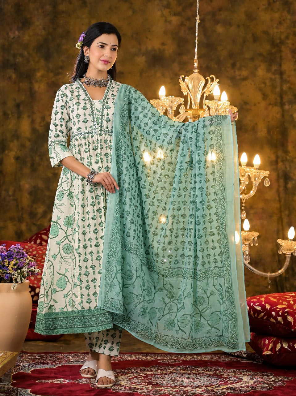 Women Green Printed Stylish Cotton Kurti Stylish Bottom With Printed Dupatta Suit