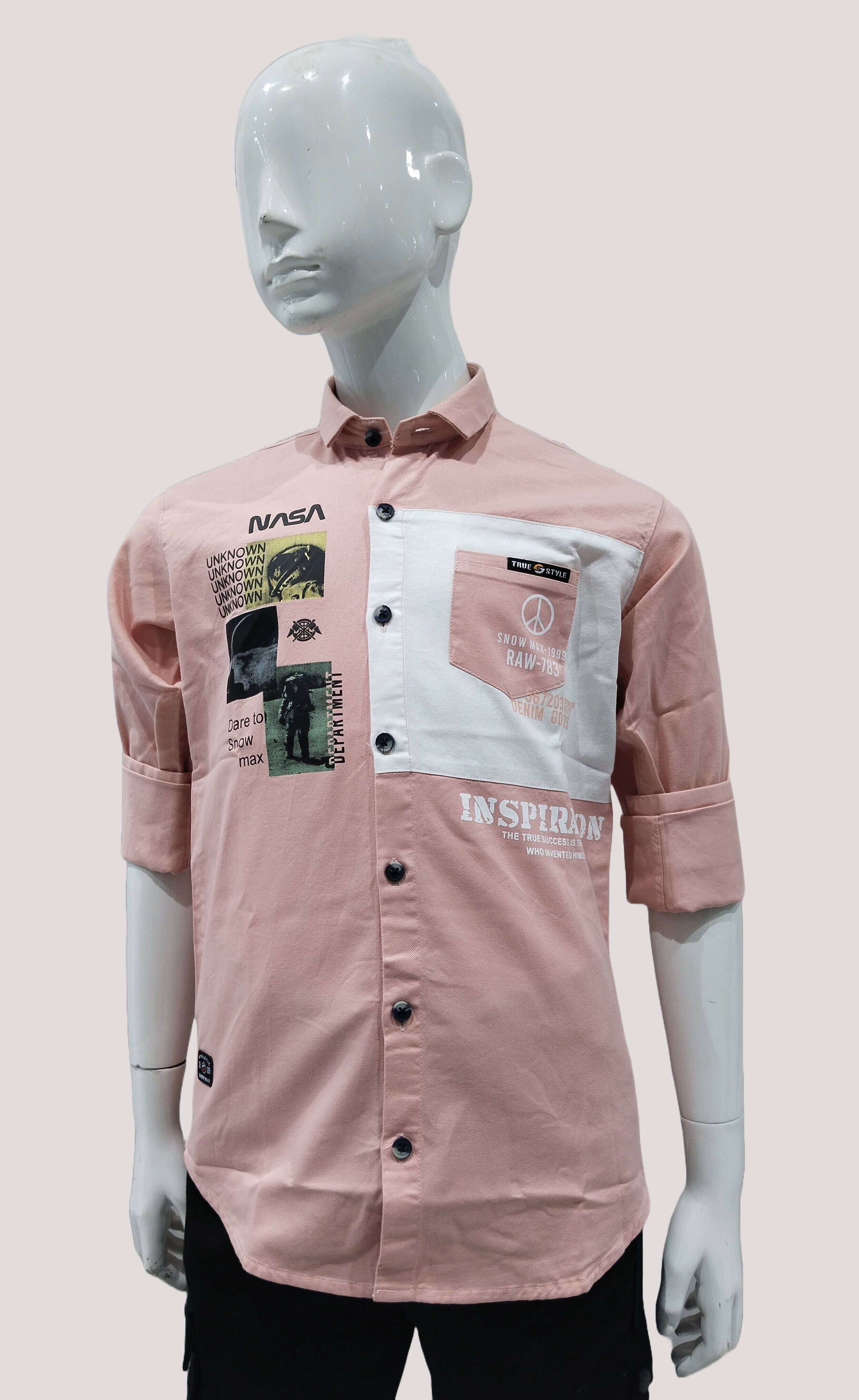 Boys Peach Nasa Printed Casual Fancy Full Sleeve Shirt