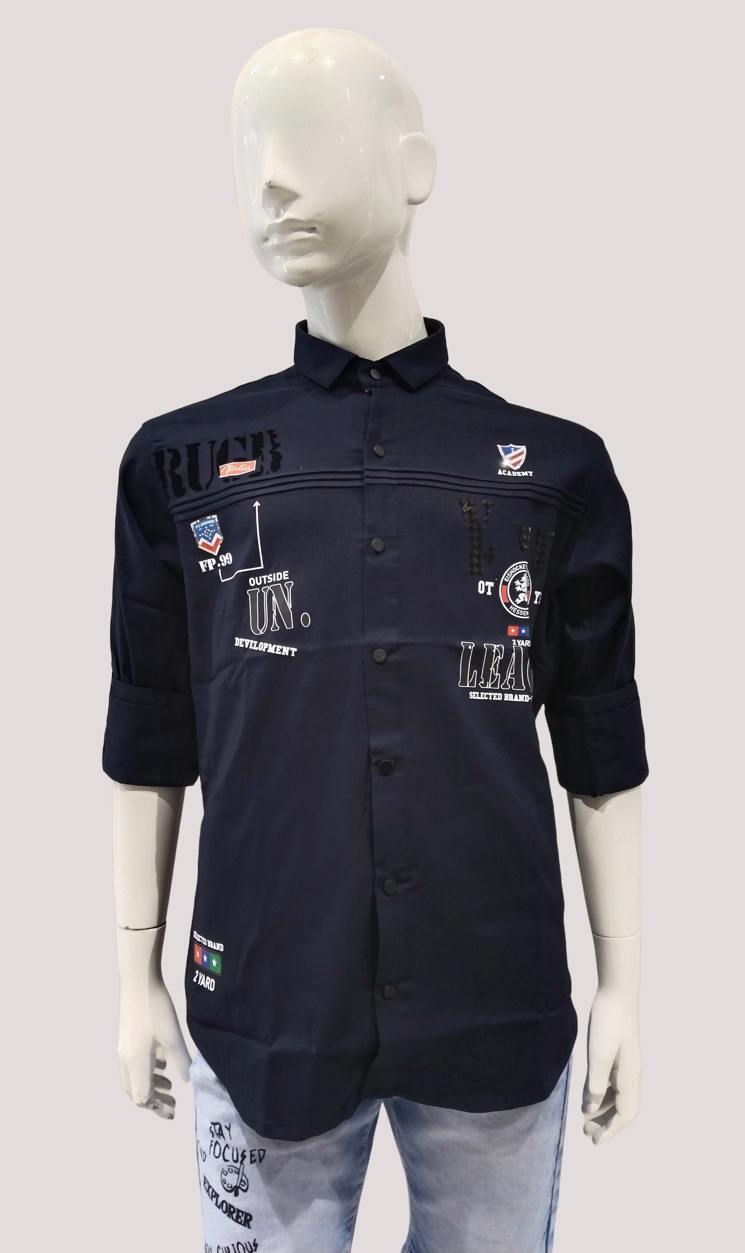 Boys Navy Blue Printed Casual Fancy Full Sleeve Shirt