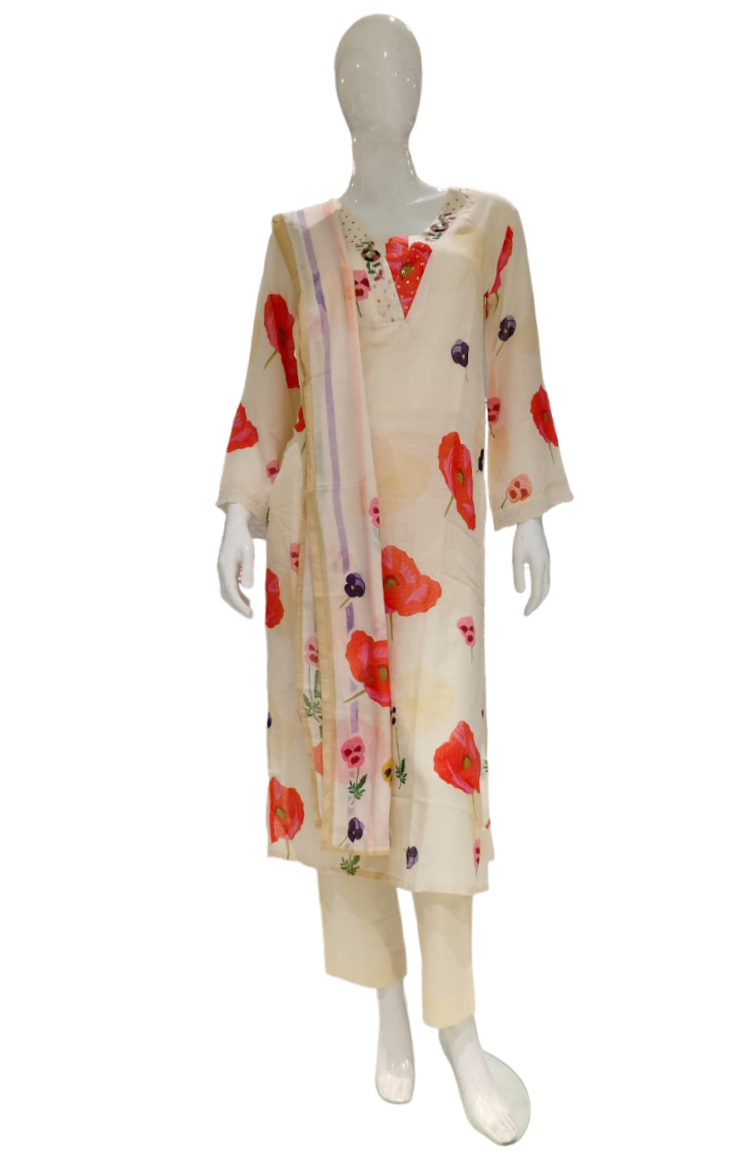 Women Cream Printed Party Wear Kurti Suit With Dupatta