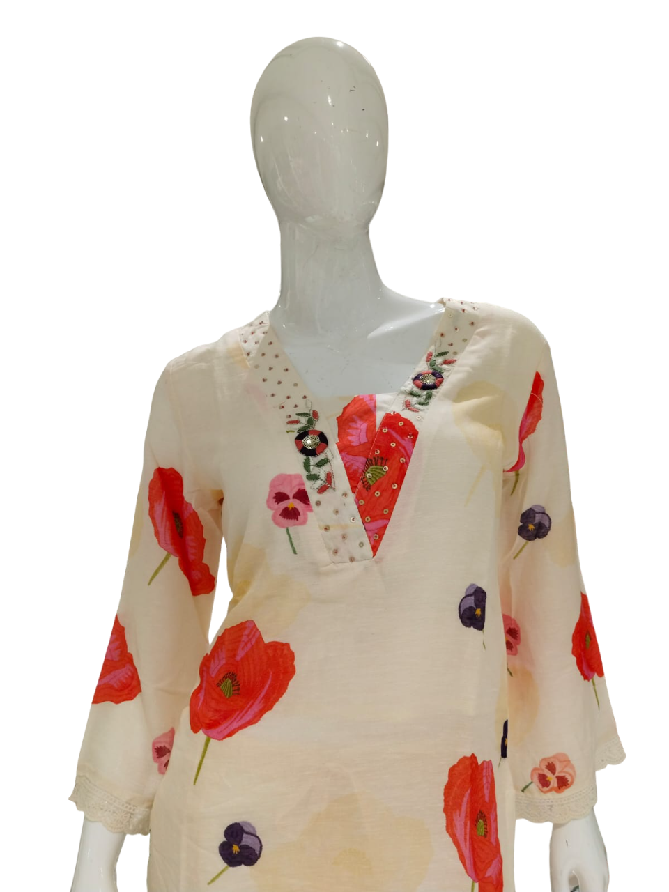 Women Cream Printed Party Wear Kurti Suit With Dupatta