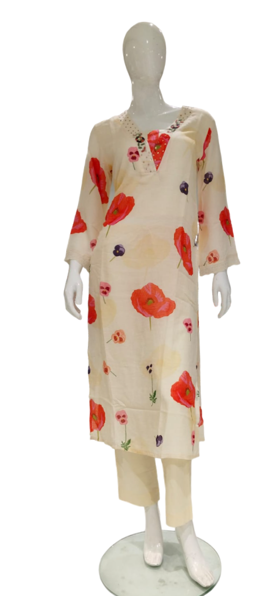 Women Cream Printed Party Wear Kurti Suit With Dupatta