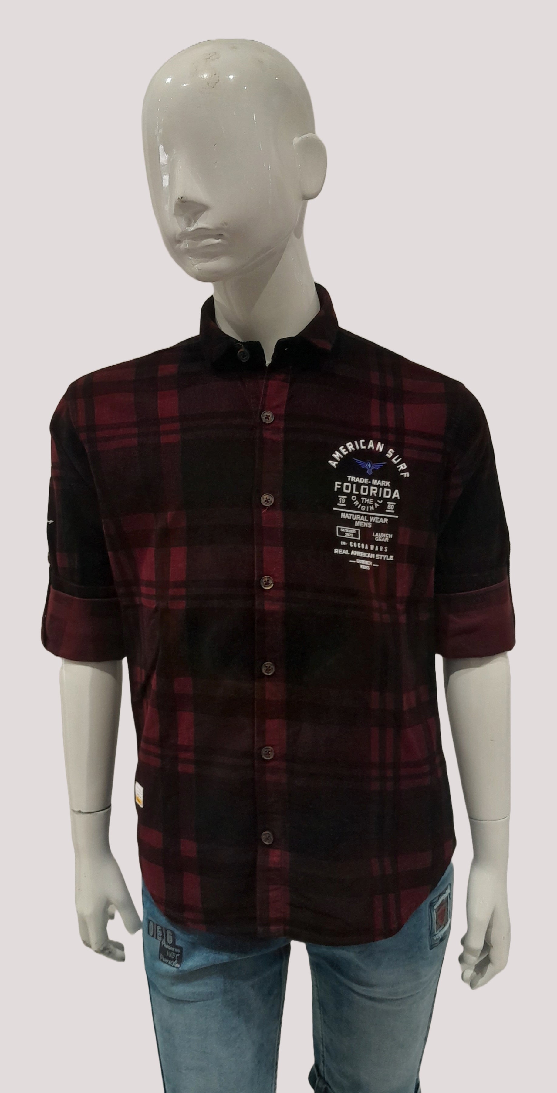 Boys Maroon Fancy Check Full Sleeve Corduroy Casual Shirt